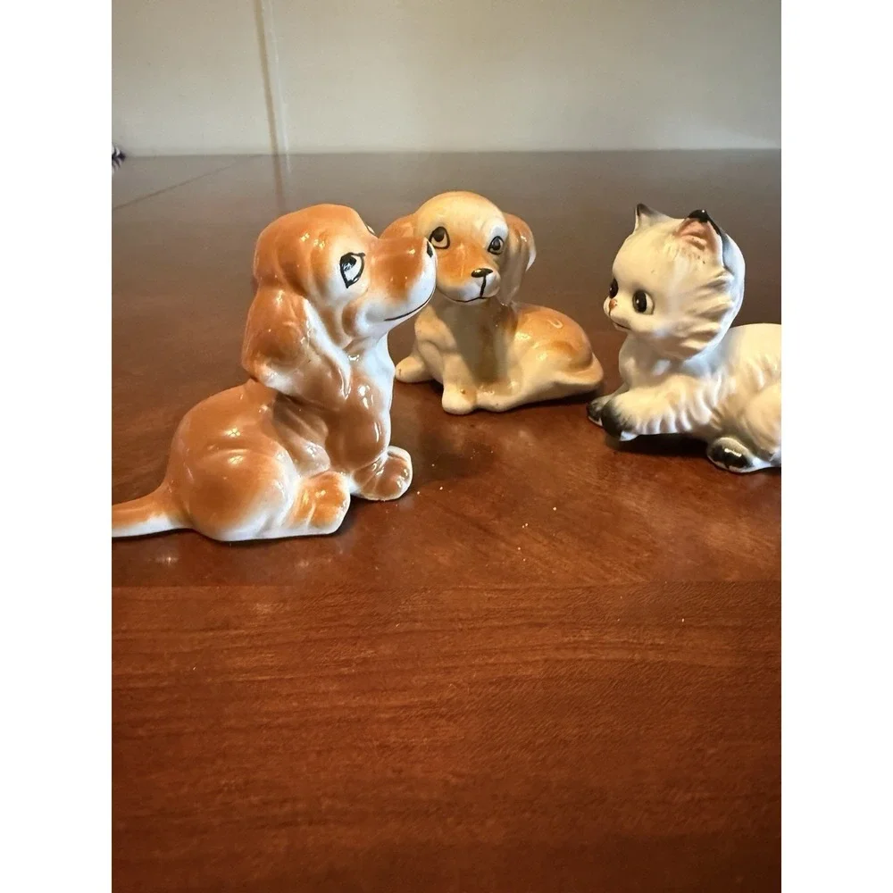 Vintage Porcelain Dog & Cat Figurines Set Cute‎ Mini Animal Decor